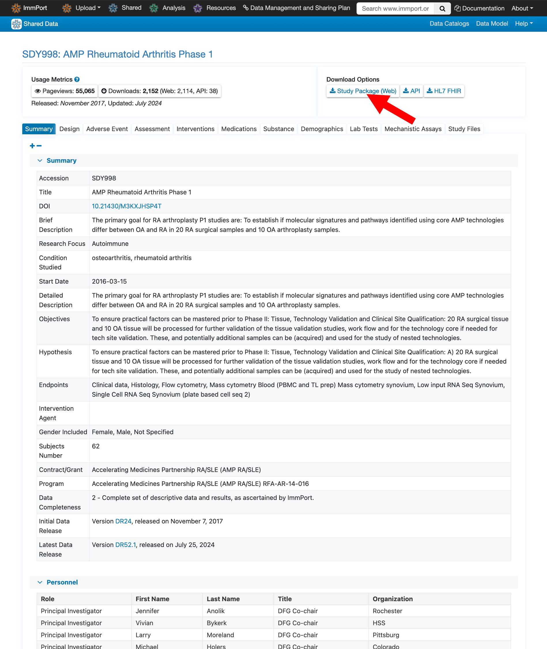 Screenshot showing the Register button on ImmPort