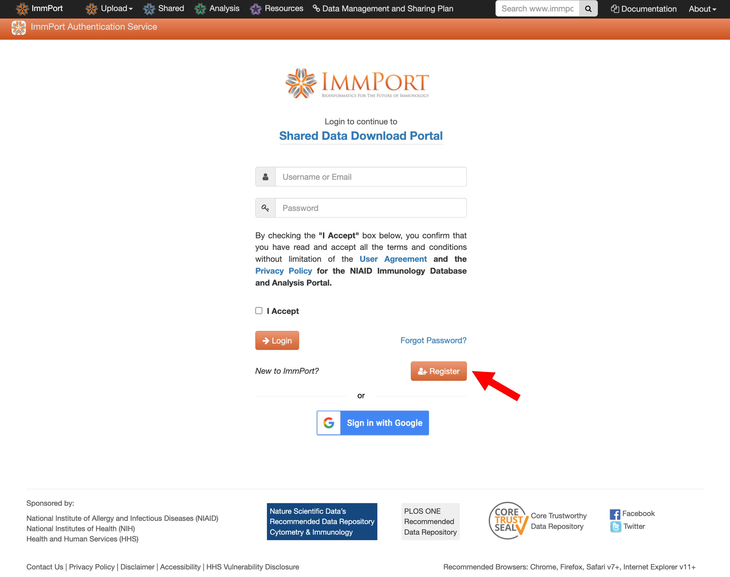 Screenshot of the ImmPort registration form