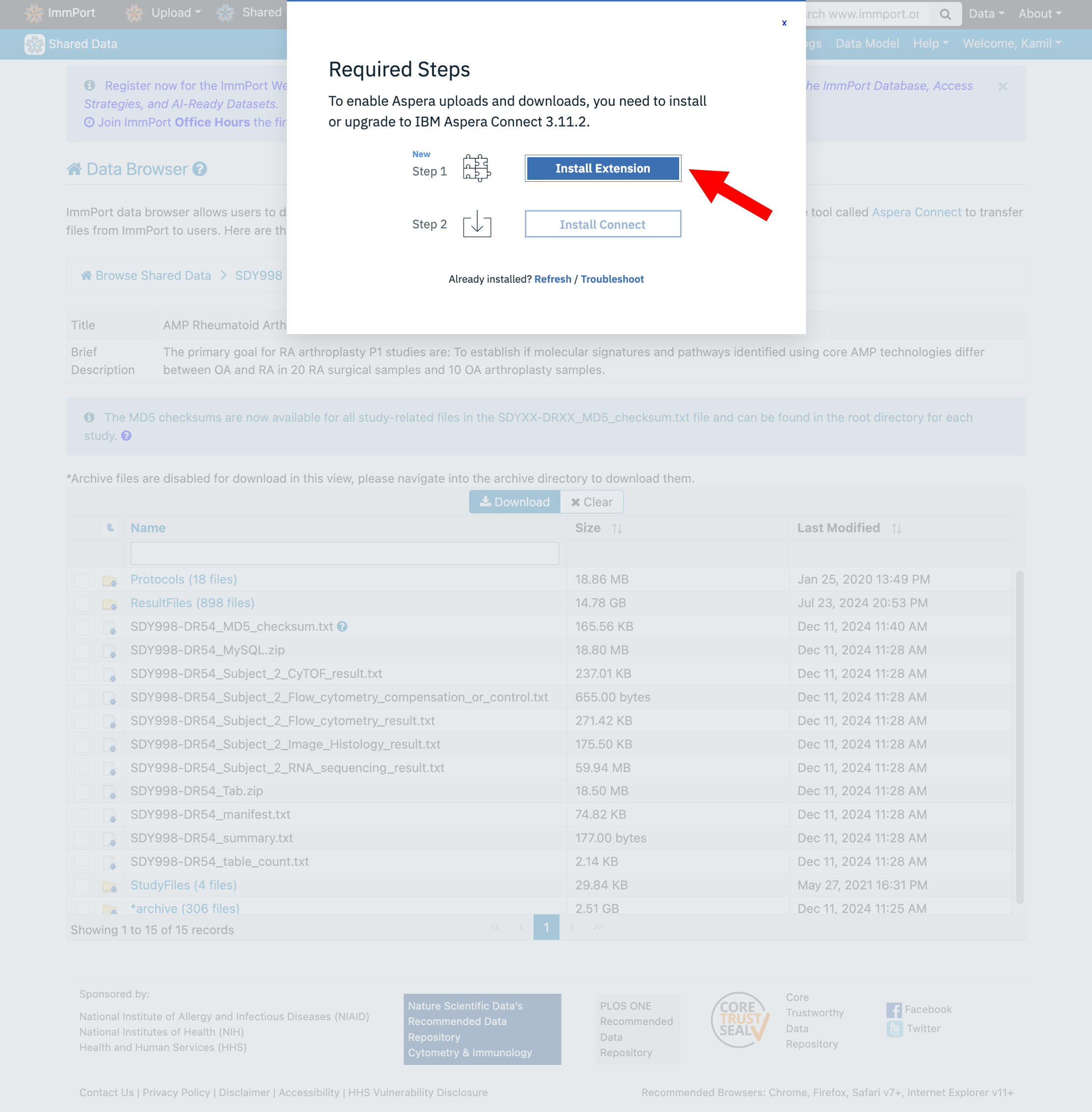 Screenshot of the Aspera Connect installation prompt