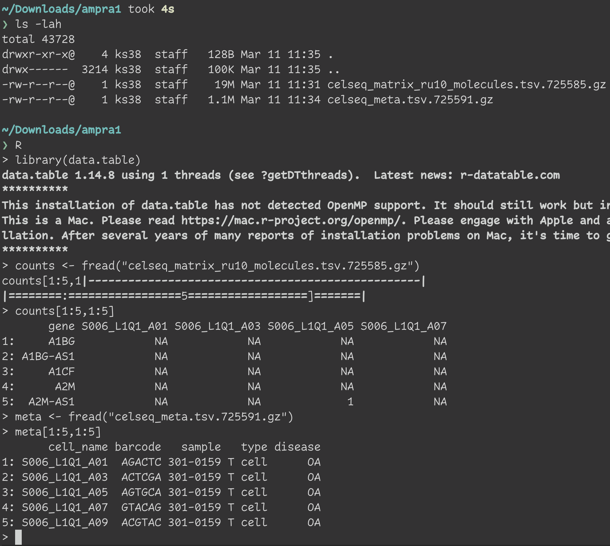 Screenshot showing R code to load data